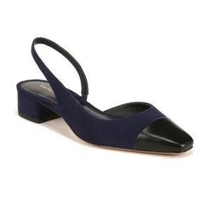 Veronica Beard CECILE MIXED LEATHER SLINGBACK BALLERINA FLATS IN NAVY BLACK